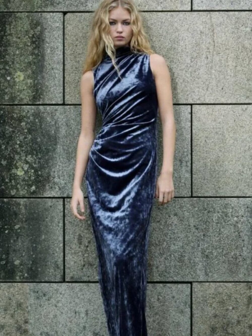 NEW w/tags Zara Midnight Blue Crushed Velvet Midi Maxi Dress Draped Ruched M